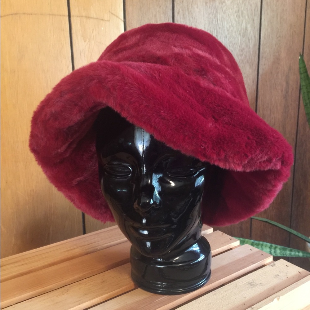 Maroon Red Faux Fur Bucket Hat